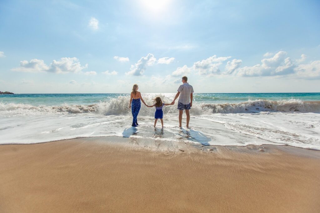 beach, family, fun, leisure, ocean, nature, relaxation, sand, sea, seashore, sky, summer, sunny, vacation, water, wave, parenthood, parents, child